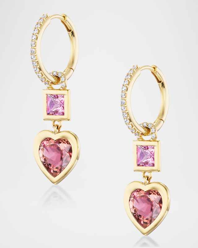 14K Yellow Gold Light and Dark Pink Tourmaline Heart Drop Earrings